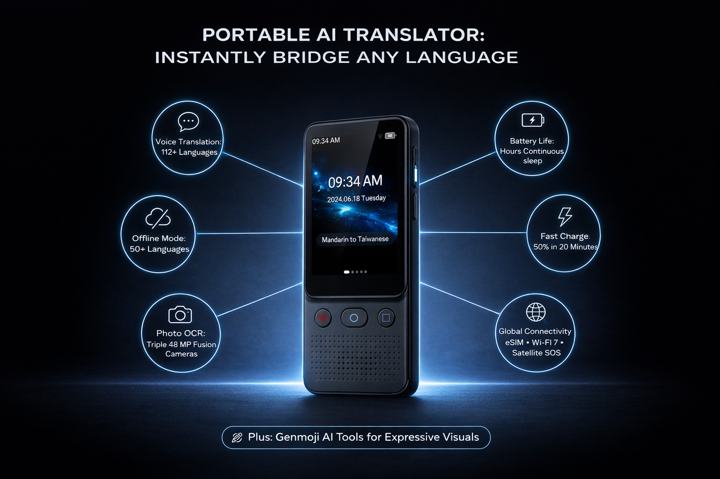 Portable AI Translator – Instant Two-Way Voice & Text Translation Device